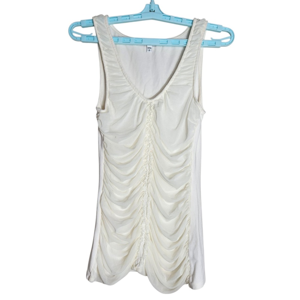 Vintage Express Size Small Y2K Cream Mesh Ruched Tank Top Euro Summer Resort Fem